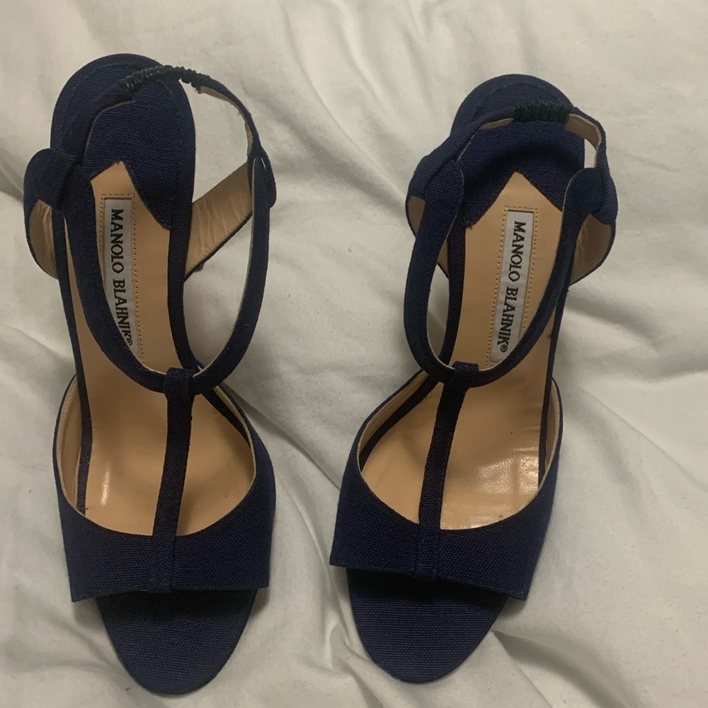 Navy Blue Linen Manolo Blahniks